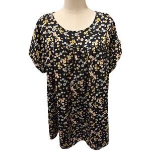 ChicSoul Floral Short Sleeve Pleated Blouse Black Womens Size 2X